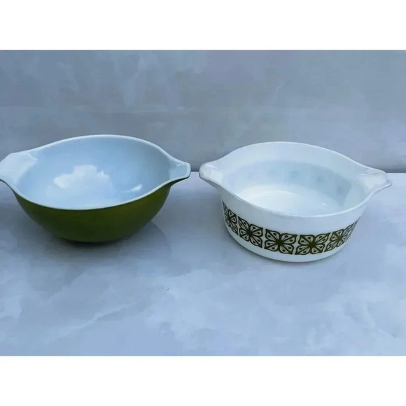 Set 3 Vintage Pyrex Square Flowers Verde Mixing Round Circle Bowls Green White - Picture 2 of 10